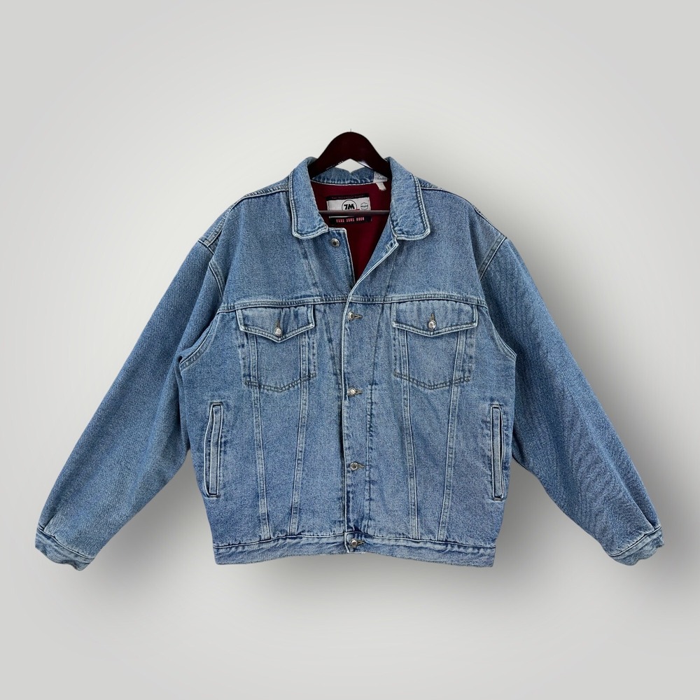 VTG Bugle Boy Denim Trucker Jacket Mens L Fleece Lined Gold Crest Blue Western